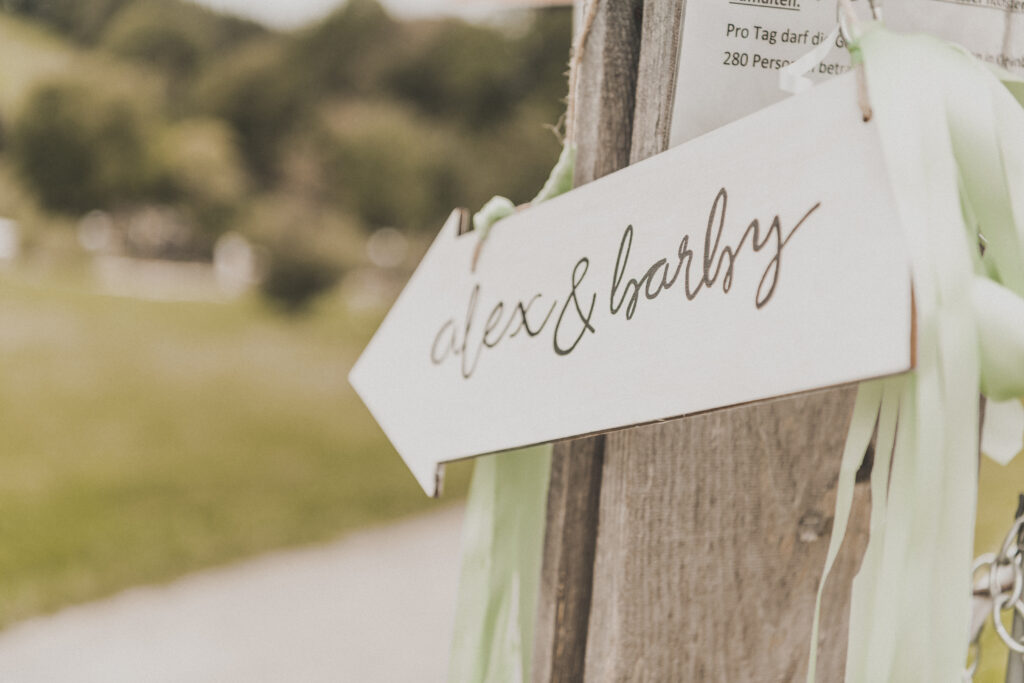 Hochzeitsfotografie- Detailaufnahme eines Wegweiserschildes