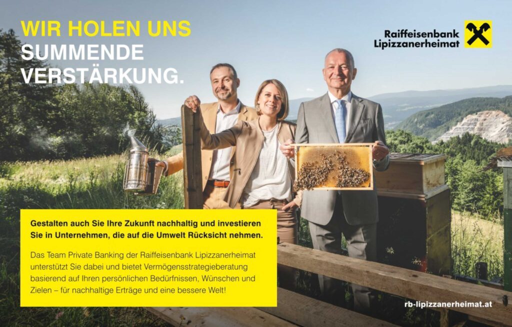 Werbefotografie für die Raiffeisenbank Lipizzanerheimat - Porträt der Berater bei einem Bienenstock- "Wir holen summende Verstärkung" ist der Titel